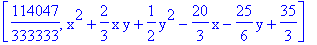 [114047/333333, x^2+2/3*x*y+1/2*y^2-20/3*x-25/6*y+35/3]